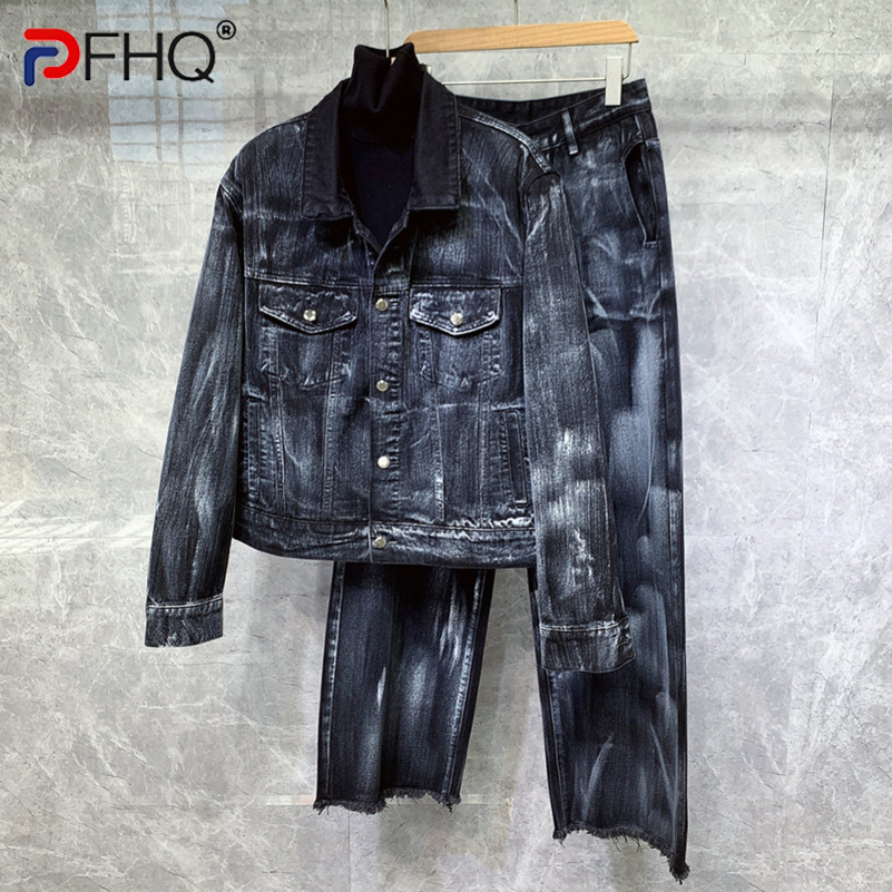 PFHQ Autumn Mens Motorcycle Contrast Color Denim Set Haute Quality Single Breasted Jackets Pocket Vintage Trousers 21Z2068 w250822