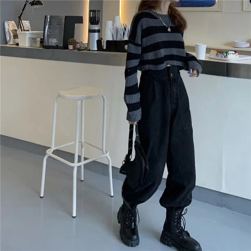 Korean Striped Cropped Sweater Womens Vintage Oversized Knit Pullover Womens Autumn Long Sleeve Crew Neck Pullover Top 250819