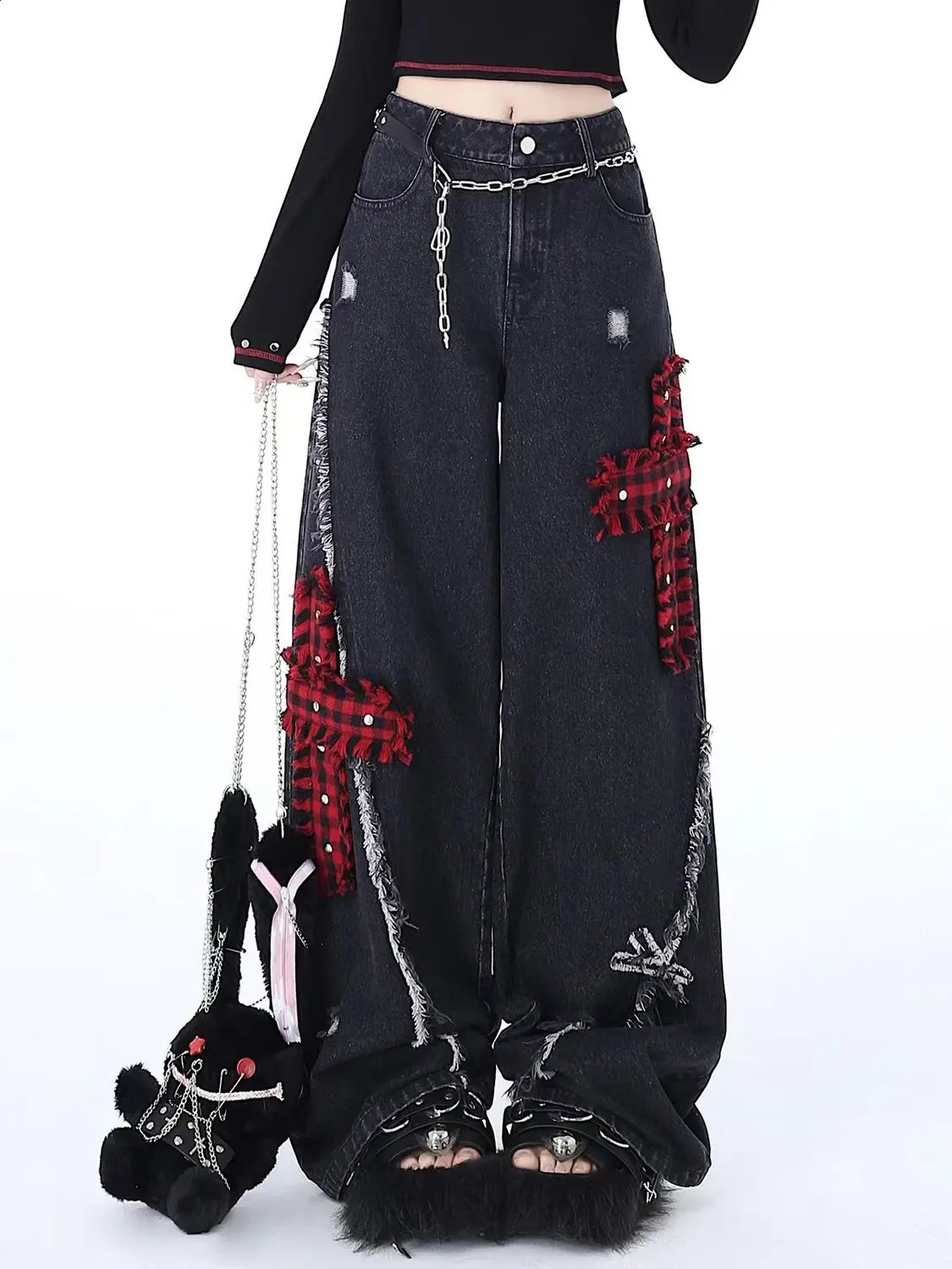 American style cross embroidered wide leg jeans for women retro Harajuku high waisted loose fit slimming floor pants 250818