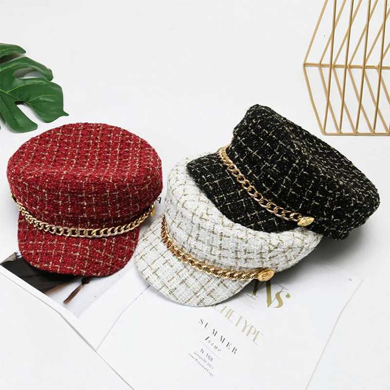 Autumn Winter Pearl Chain Flat Top Navy Hat Fashion Beret Newsboy Cs Beret Woman Octagonal Hats Womens Designer Pearl XJ250823