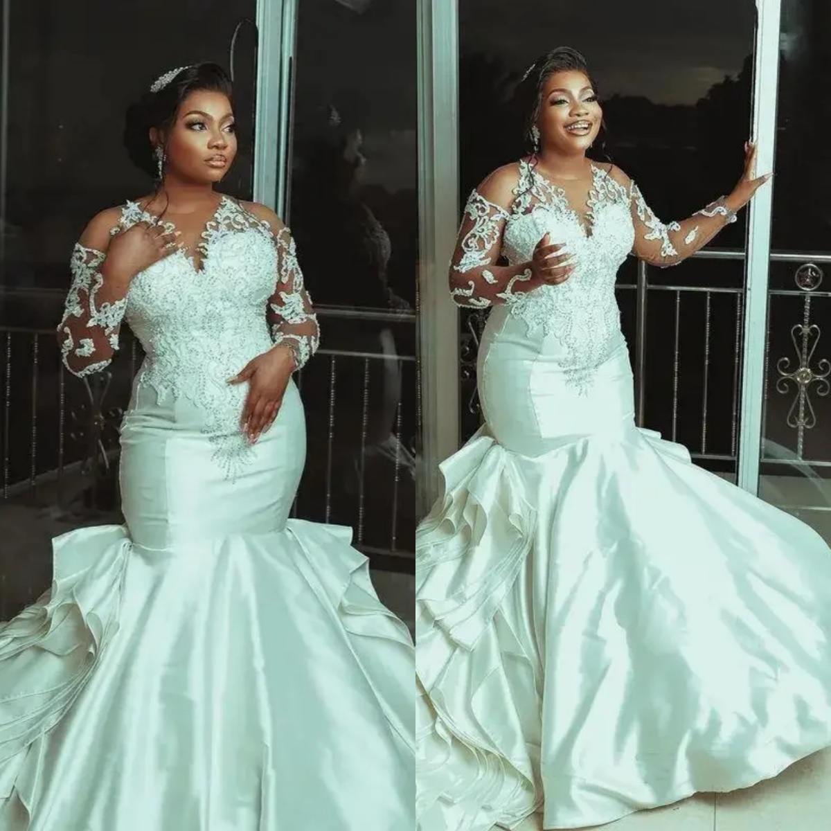 Plus Size Mermaid Wedding Dresses Appliques Beaded O Neck Bride Dress Long Sleeve Ruched Sweep Train Bridal Dress Customized