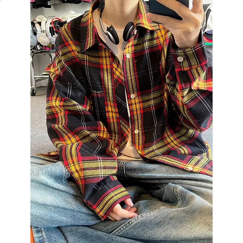Hip Hop Streetwear Patchwork Casual Plaid Shirt Mens Long Sleeve Loose Blous 250823