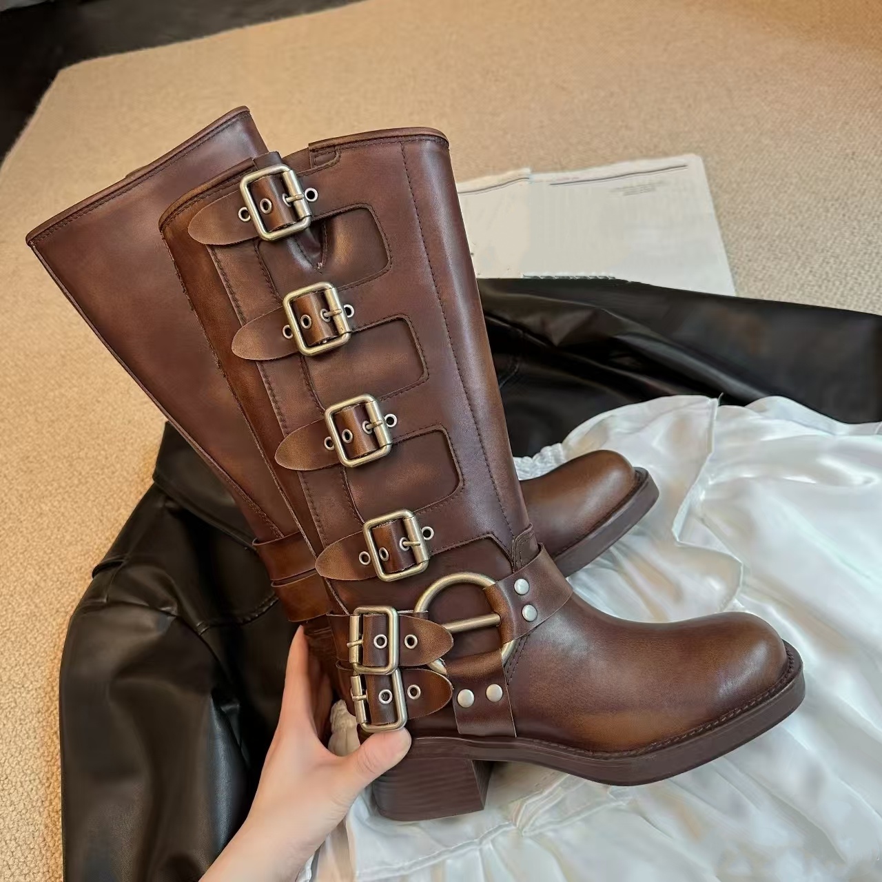 Western Square Toe Fashion Booties Cowhide Leather Half ankle boots Women's Designer Casual shoe Lady Biker Motorcycle Knee boot Platform Chunk