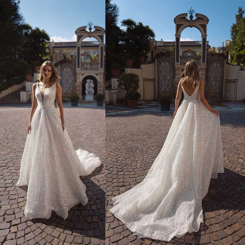 Magnifique robe de mariée V Nou sans manches A-Line Sweep Train Bling Sequins Bridal Bridal Vestido de NOITE Personnalisé