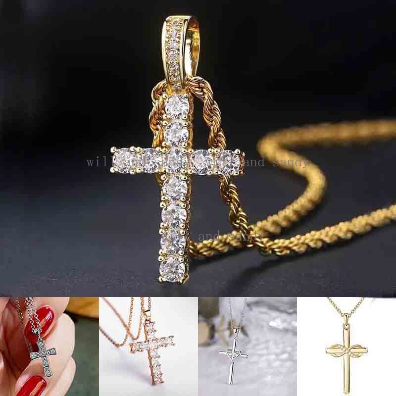 Cubic Zircon Diamond Christian Jesus Cross Necklace Charm Designer Jewelry Silver Gold Chain Iced Out Crystal Necklaces for Woman Man Believe Gif-image-989289104