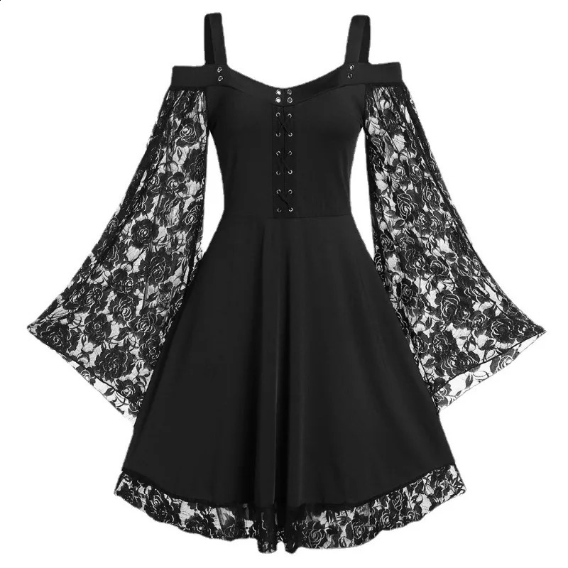 2024 Womens Off Shoulder Dress - Flared Sleeve Lace Trim Vintage Boho Chic Dress for Casual Outings250823