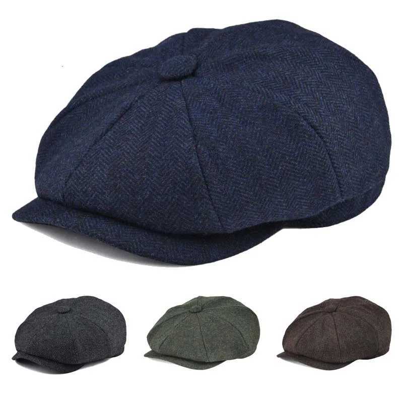 New Vintage Wool Tweed Navy Blue Herringbone Newsboy Cap Unisex 8-Quarter Panel Style Flat Cs Women Driver Beret Shelby Hat XJ250823
