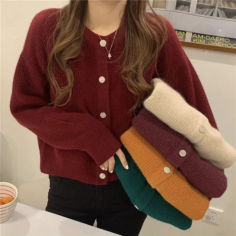 HELIAR Korean Sweet Cardigan Women Long Sleeve Fashion Elegant Knitted Cropped Top Casual Single Breasted Female 250815
