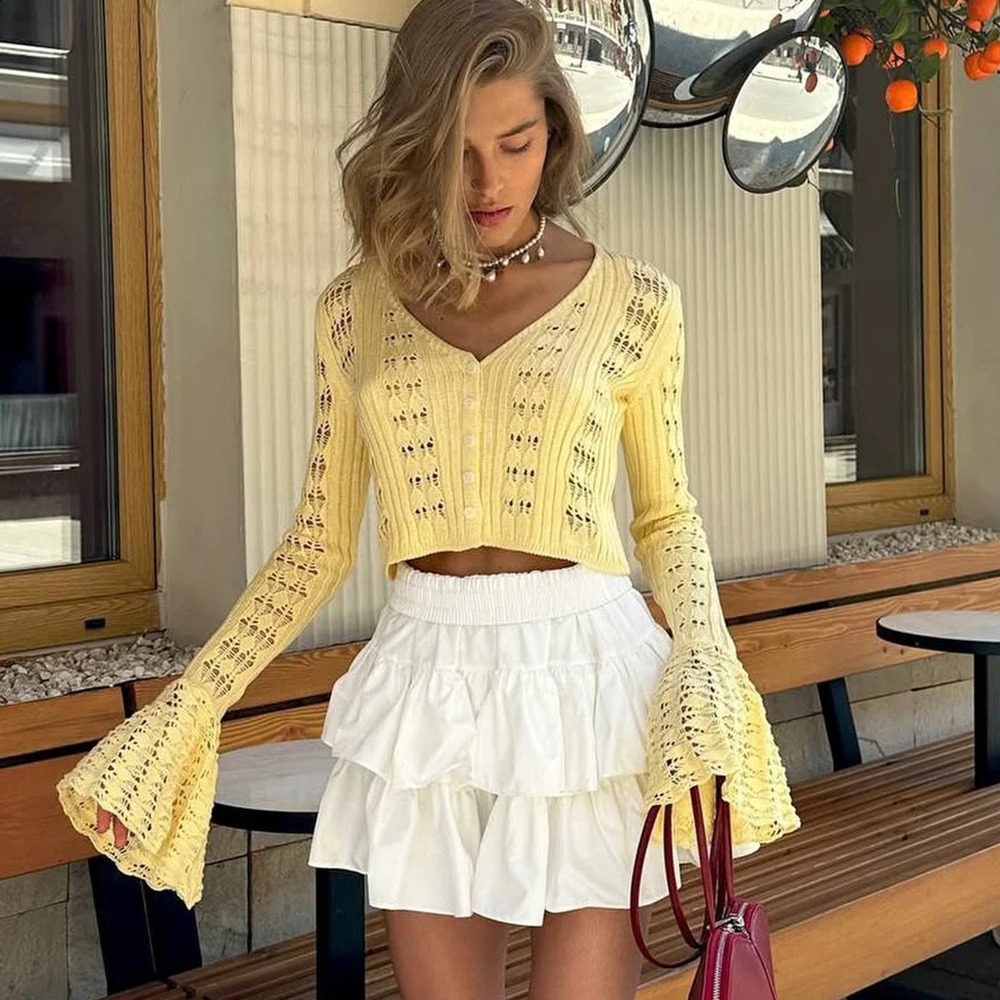 Tuularose Spring Knitted Cardigan Female Solid V-Neck Hollow Out Short Knitted Top Fashion Casual Loose Female T-Shirt250823