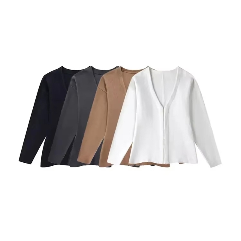 TRZA-Womens Front Hook Fitted Knit Cardigan Sweater V Neck Long Sleeves Side Split Hem Female Outerwear Chic Tops Fashion250822