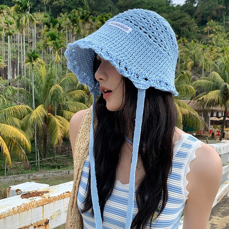 Cute Wavy Lace Hand Crocheted Strap Bucket Hats for Women Summer Breathable Casual Versatile Hollow Sunscreen Basin Caps 250818
