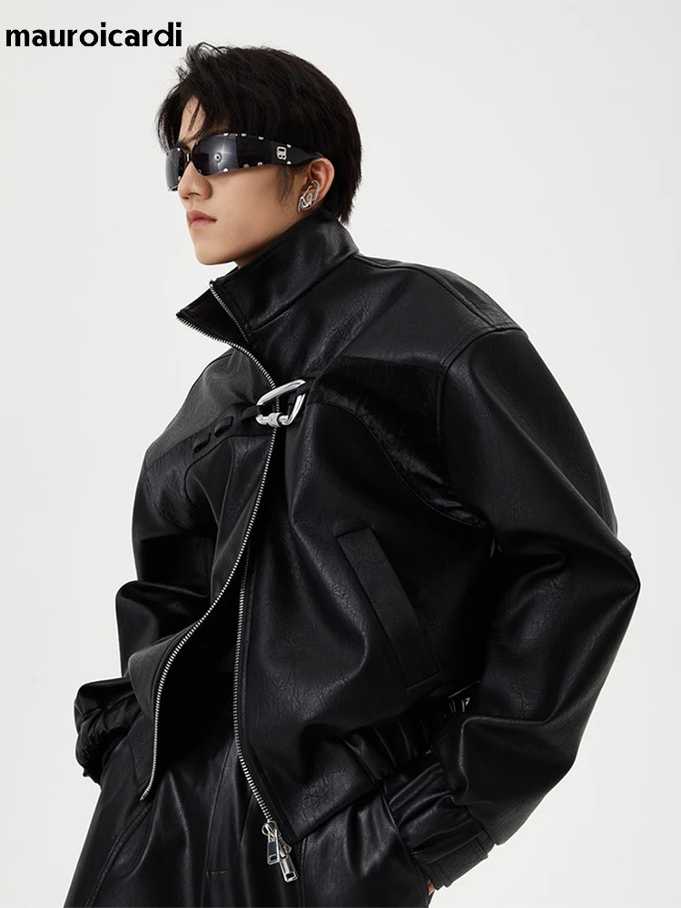 Mauroicardi Spring Autumn Short Black Oversized Shiny Reflective Patent Leather Jacket Men Zip Up er Y2K Clothes Fashion 250818
