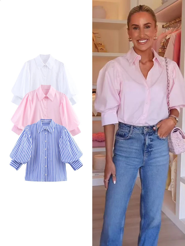 TFMLN Fashion Women Short Puff Sleeve Blouse Loose Casual Lapel Single Breasted Shirt Tops Elegant Office Lady Summer 250822