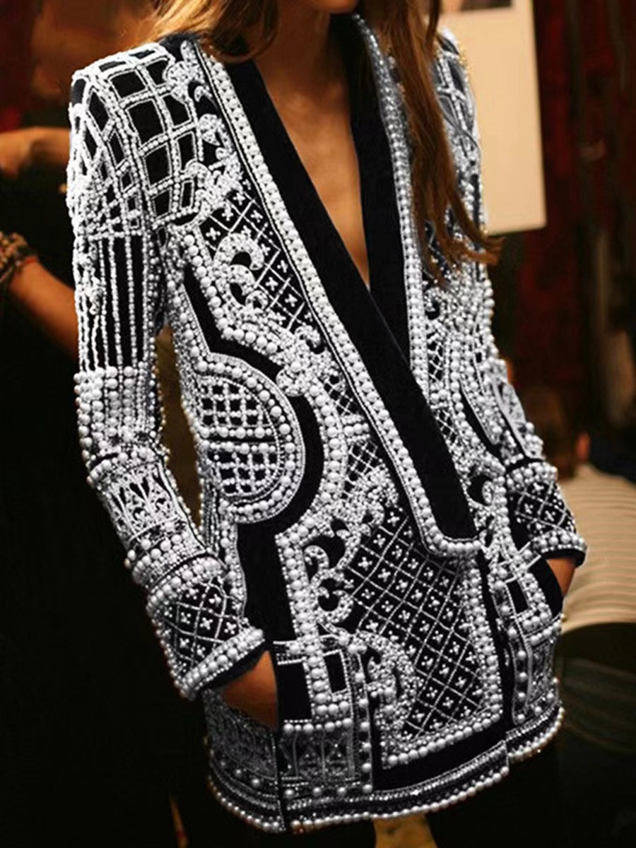Fashion Women Suit Coats Beading Print V Neck Long Sleeve Blazers Women Vintage 1 Piece Suit Coats Clothing