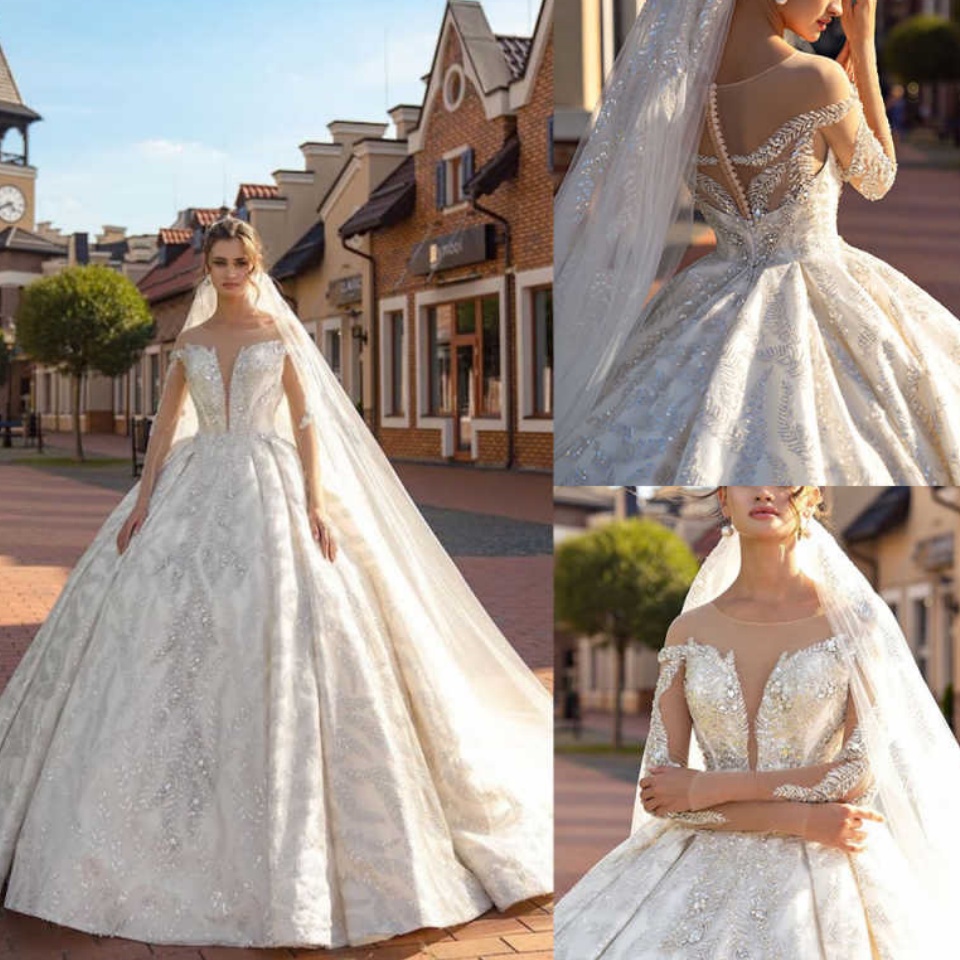 Loverxu Ball Gown Princess Wedding Dresses O-Neck Long Sleeve Vestido De Novia Lace Beaded Luxury Royal Custom Made Bridal Gown Vestidos De Novia