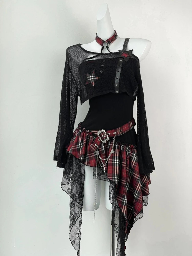Gothic Girl American Fashion 2 pièces Set Femmes Blouse noire Chic Robe irrégulière Pure Désir Slim Vintage Suit Summer 250823