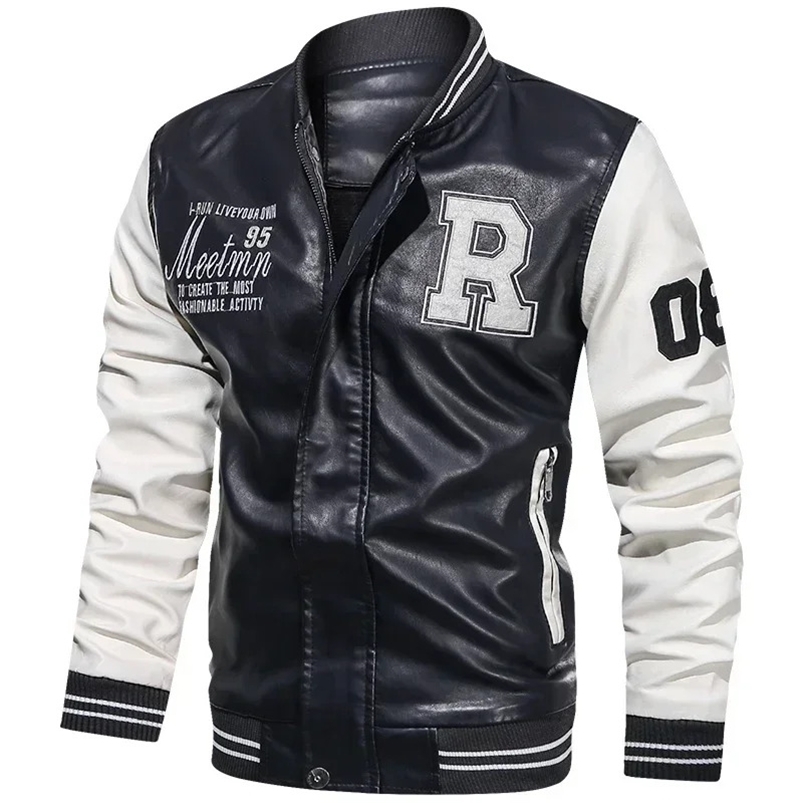 American Baseball Collar Pilot Casual PU Leather JacketSpring and Autumn Mens Motorcycle Suit Leather Jacket Color Blocking250822