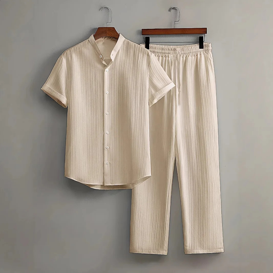 Mens Two Pieces Casual Outfit Loungewear Solid Color Textured Short Sleeve Button Down Shirt and Long Drawstring Pants 250822