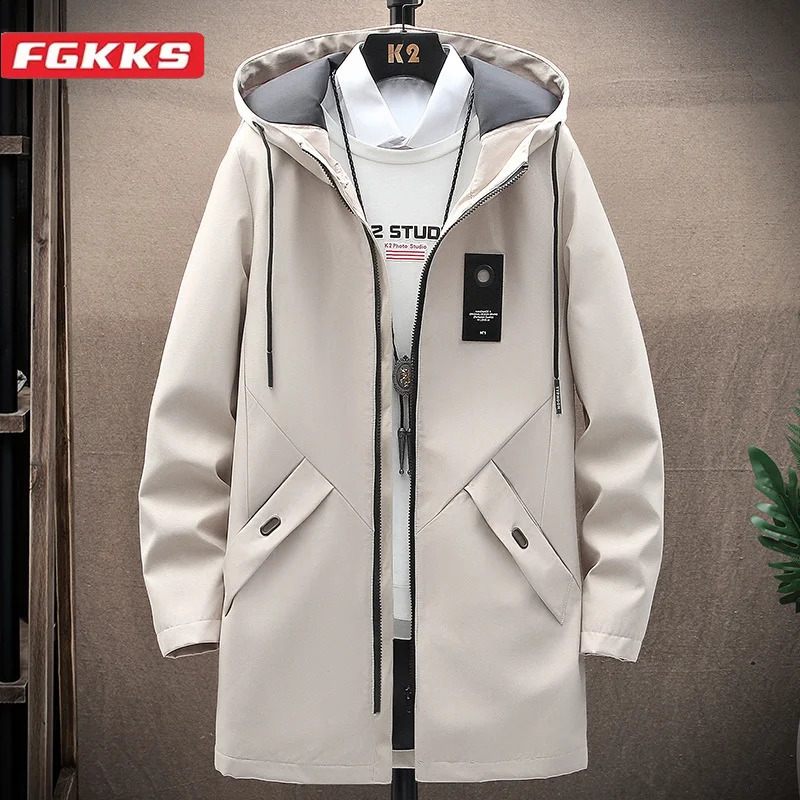 FGKKS Outdoor Casual Jacket For Men Solid Color Long Windproof Hooded Coat High Quality n 250822