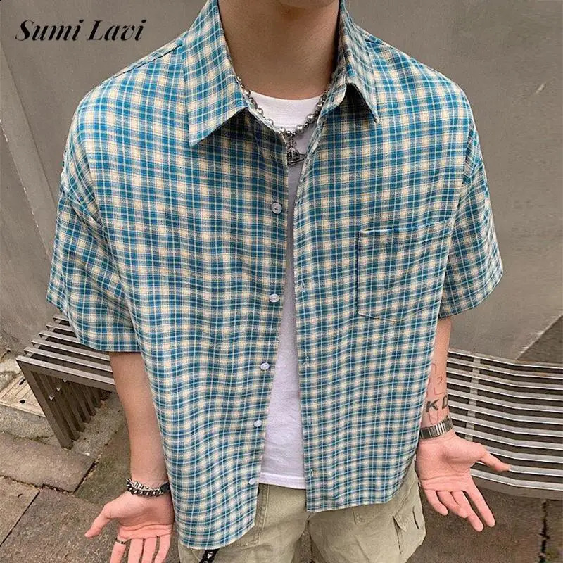 Summer Stylish Short Sleeve Shirt Mens Streetwear Vintage Button-up Turn-down Collar Shirts Trendy Men Plaid Printed Shirt 250823