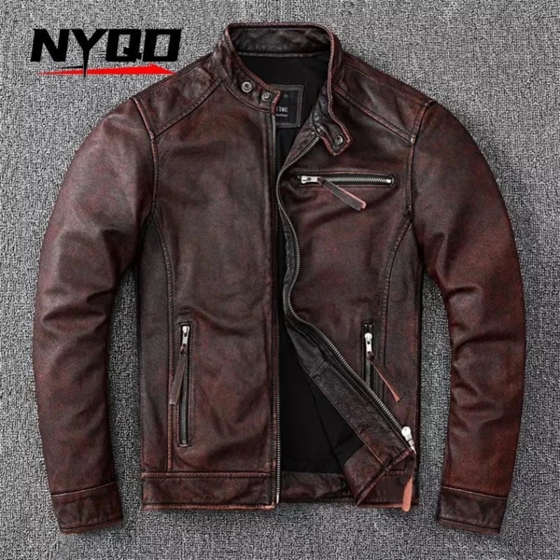 High End Genuine Leather Jacket for Men Top Layer Cowhide Retro Distressed Stand Up Collar Motorcycle w250822