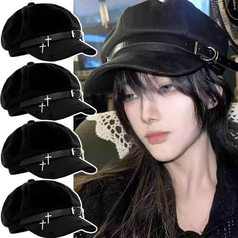 Janese Black Punk Hat Female Y2k Cute Versatile Windproof Beret Harajuku Gothic Lolita Beret Cross C Cosplay Decorative Hats XJ250823