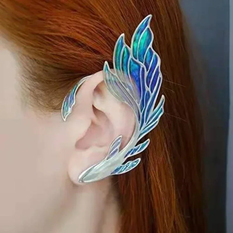 Blue Painted Elf Ear Accessories for Women Fish Ear Clip Earrings Fairy Wings Without Piercing Earrings Wedding Jewelry 250818