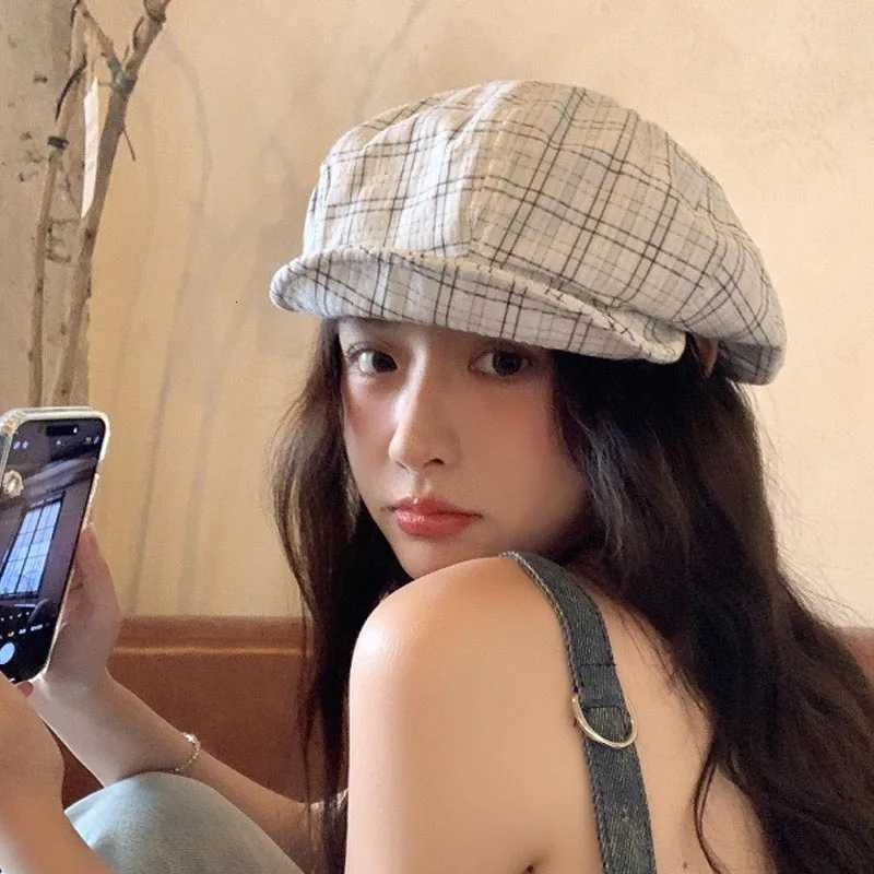 New Korean Style Checkered Beret Hat for Women - Spring Collection Flattering Small Face Effect Octagonal Design Thin Breathable XJ250823