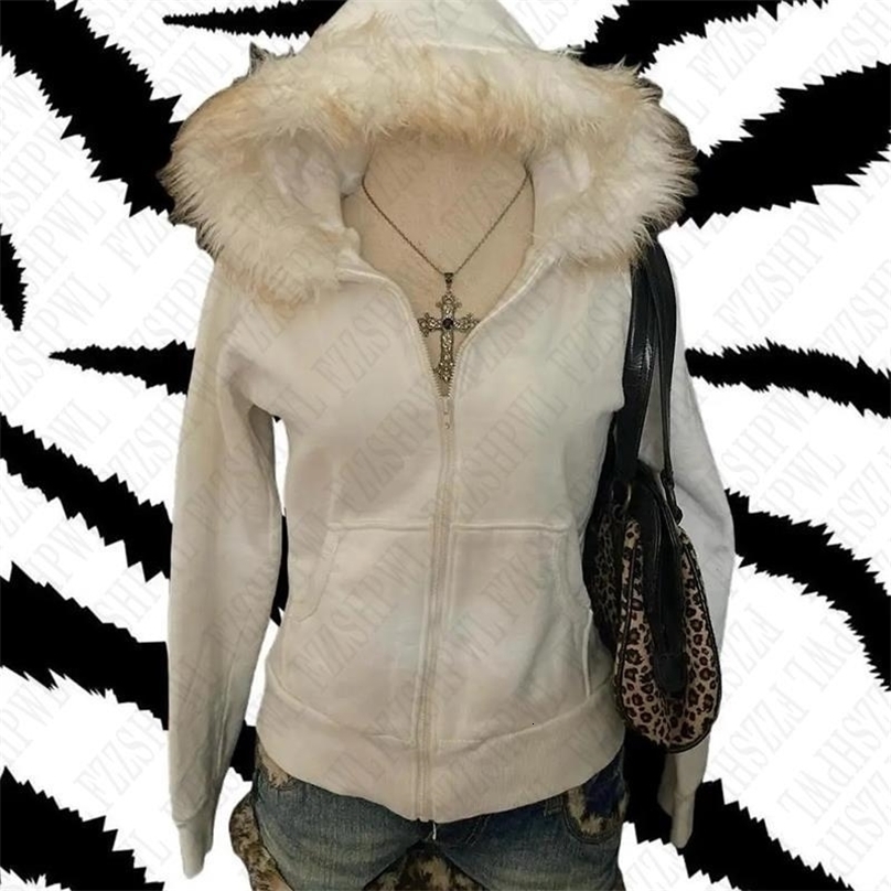 Y2k Women Aesthetic Harajuku Faux Fur Collar Hoodies Clothes Graphic Hip Hop Punk Gothic Zip Up Hoodies Streetwear Jackets EGirl250822