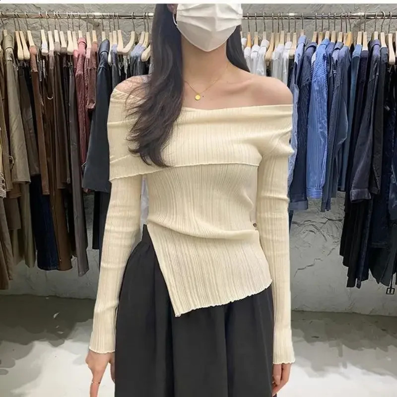 Shirts for Women Off Shoulder Pullover Slim Bottom Casual Knitted Long Sleeve Top Mujer Black Sweater Sueter White 250823