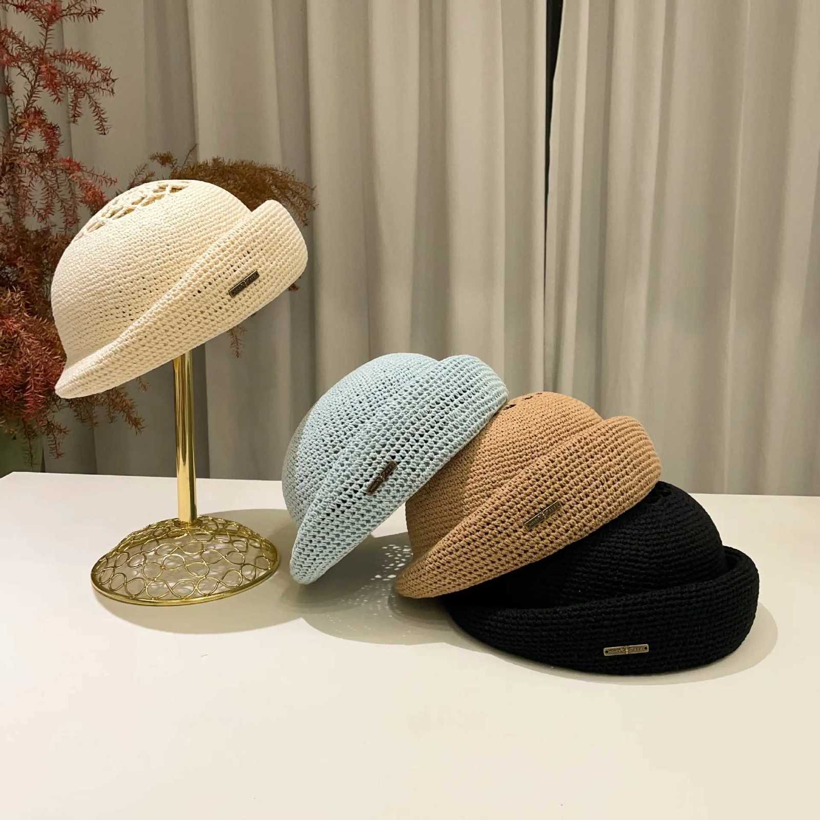 2025 Summer Handmade Crochet Beret for Women - Breathable Hollow Out Rolled Brim Painter Hat Stylish Solid Color Fashion C XJ250823