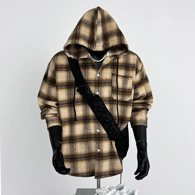 Mens Plaid Hooded Shirt Relaxed Fit Spring Casual Streetwear Breathable Cotton Blend Soft Fabric Trendy Urban Style Fashion 250823