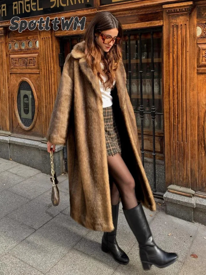 Vintage Solid Women Faux Fur Long Coat Fashion Full Sleeve Cardigan Warm Fluffy Plush Overcoat 2025 Winter Lady Street Outerwear250822