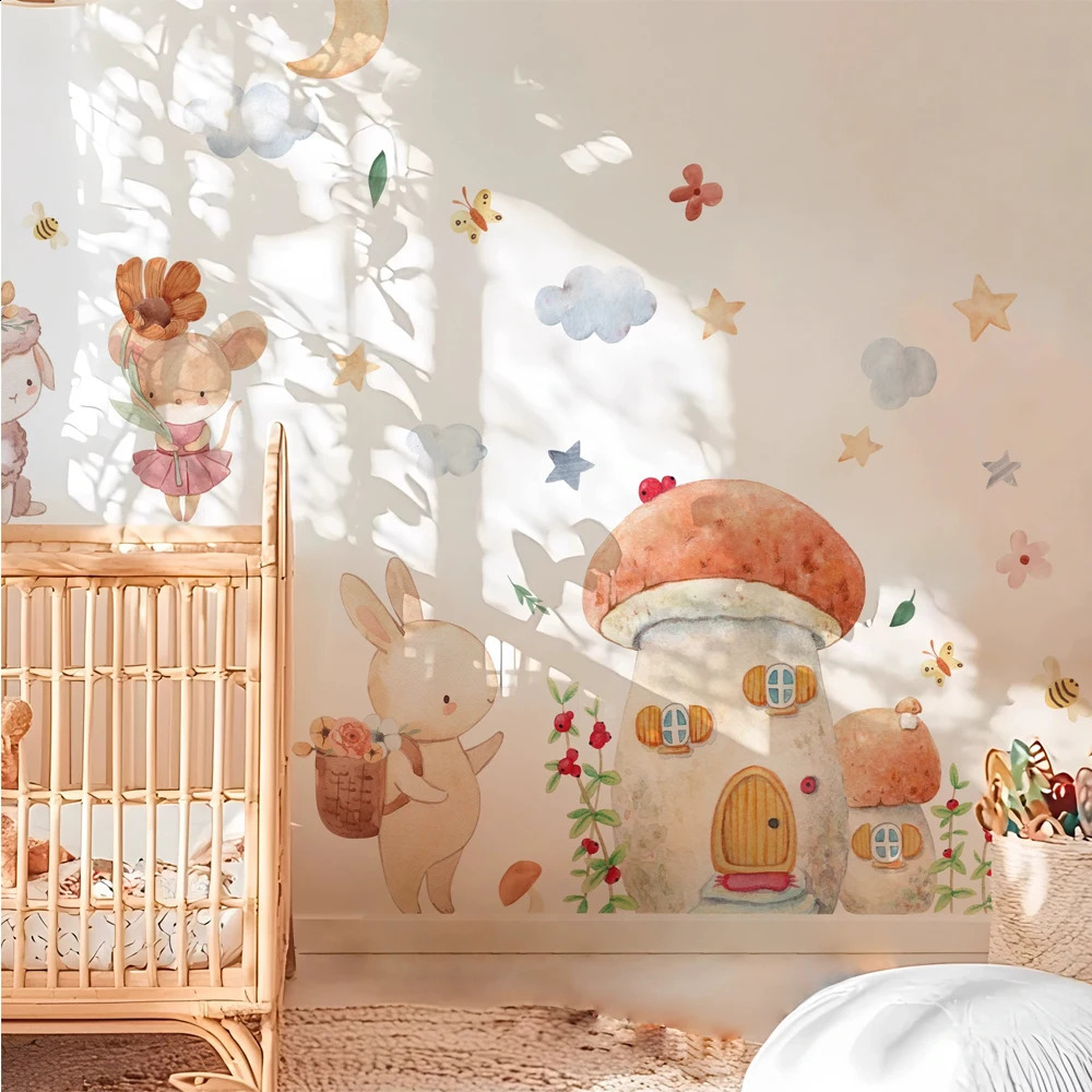 Dessin animé mignon champignons de lapin autocollant mural enfants chambre murale décoration pour les décalcomanies murales de chambre à coucher