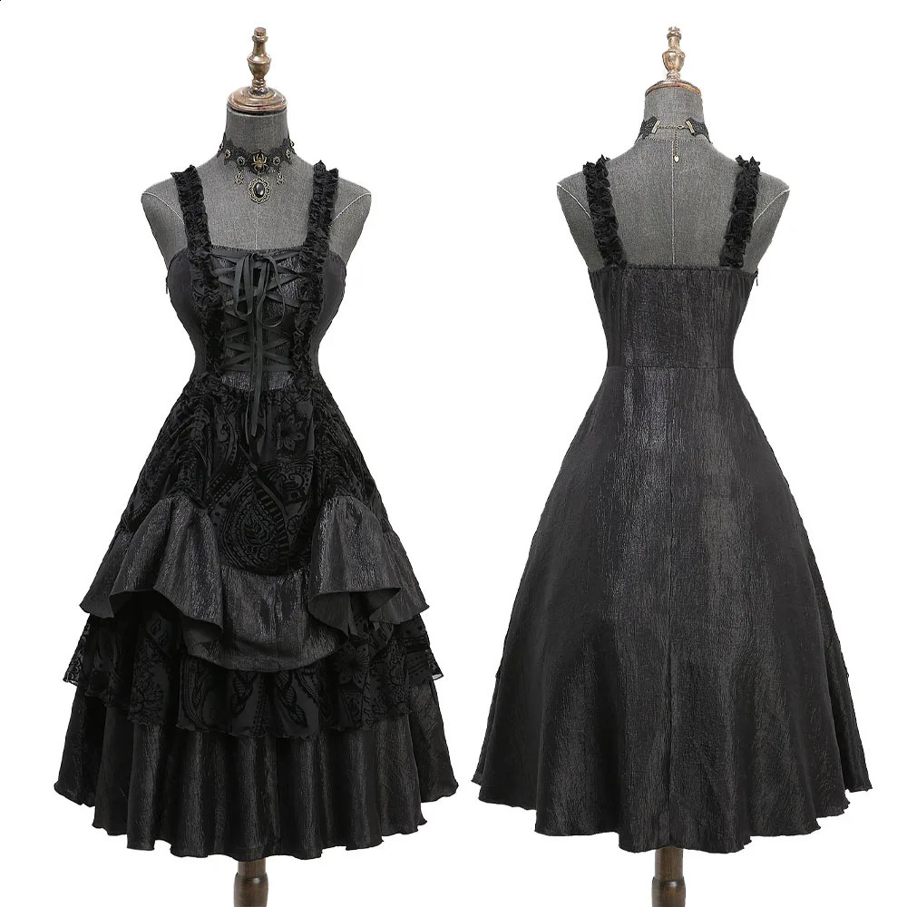 ROSEGAL Gothic Lolita Robe Black Classic Floral Mesh Flocking Lace Up Ruffles en superposition Une robe de fête en ligne Retro Vestidos Costume25