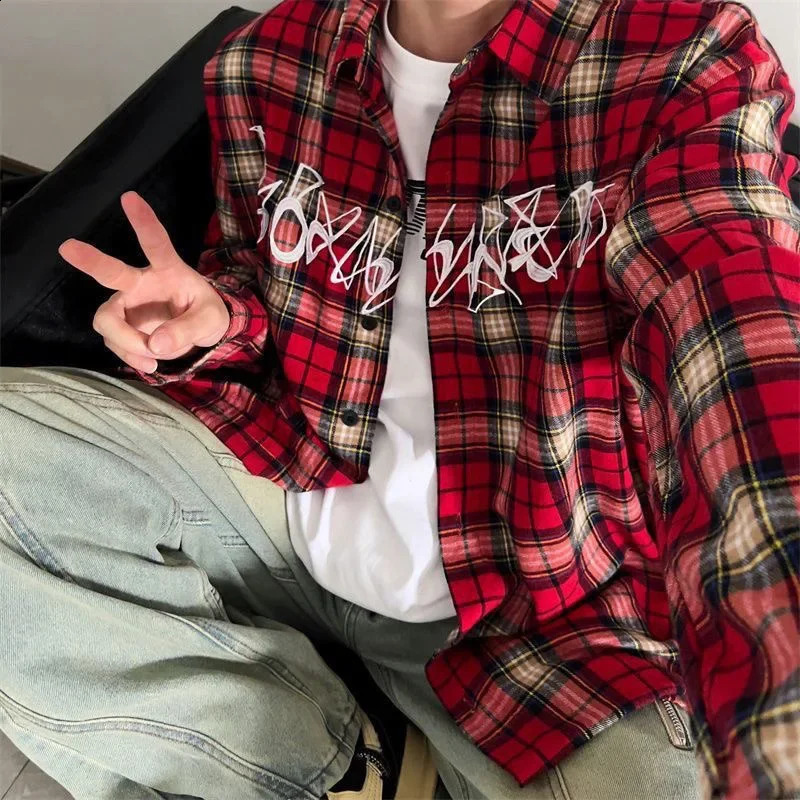 Red Plaid Long Sleeve Embroidered Shirt American Retro Hip Hop Style Couple Tops High Street Fashion Outerwear Womens Button do 250823