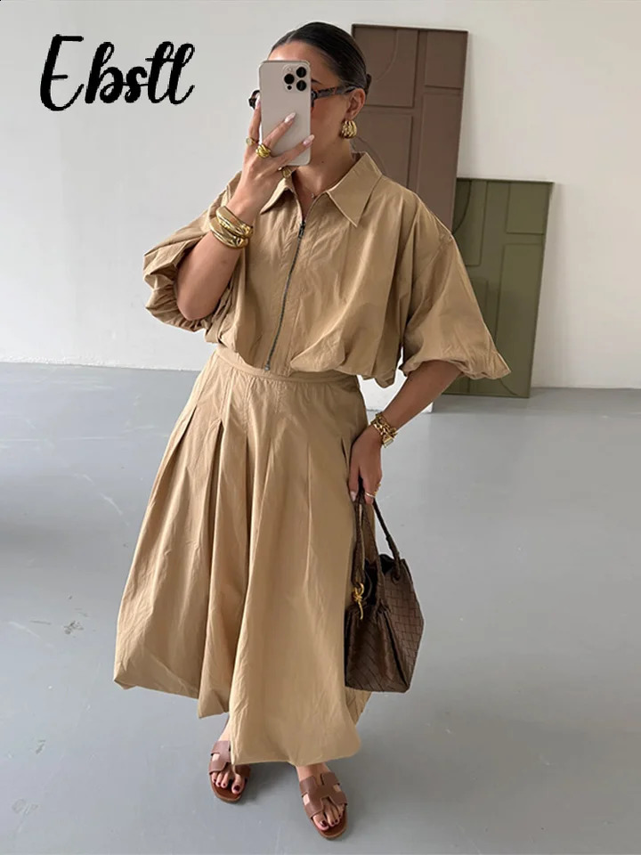 Casual Zipper Lapel Tops Skirts Set Womens Solid Half Lantern Sleeve Short Top Pleated Long Skirt Autumn Female Outfit 250823
