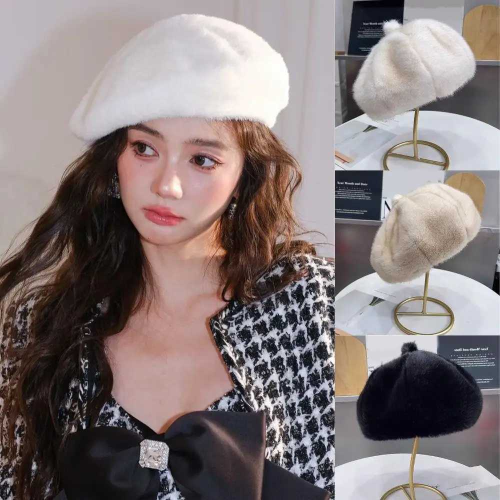 Fashion Faux Mink Fur Berets Womens Winter Cs Elegant La Mink Plush Hat British Artist Painter Hats Thick Warm Beanies C XJ250823