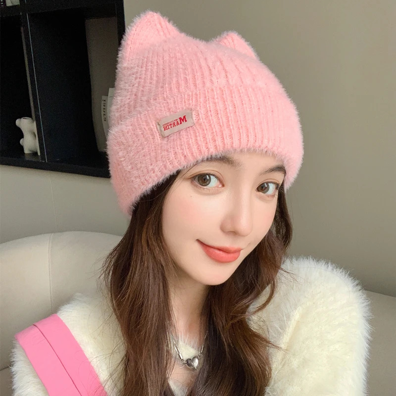 Women Cute Cat Ear Earflap Winter Hat Fashion Faux Fur Knitted Hat Kpop Style Soft Beanie Hats Candy Female Streetwear Cap 250814