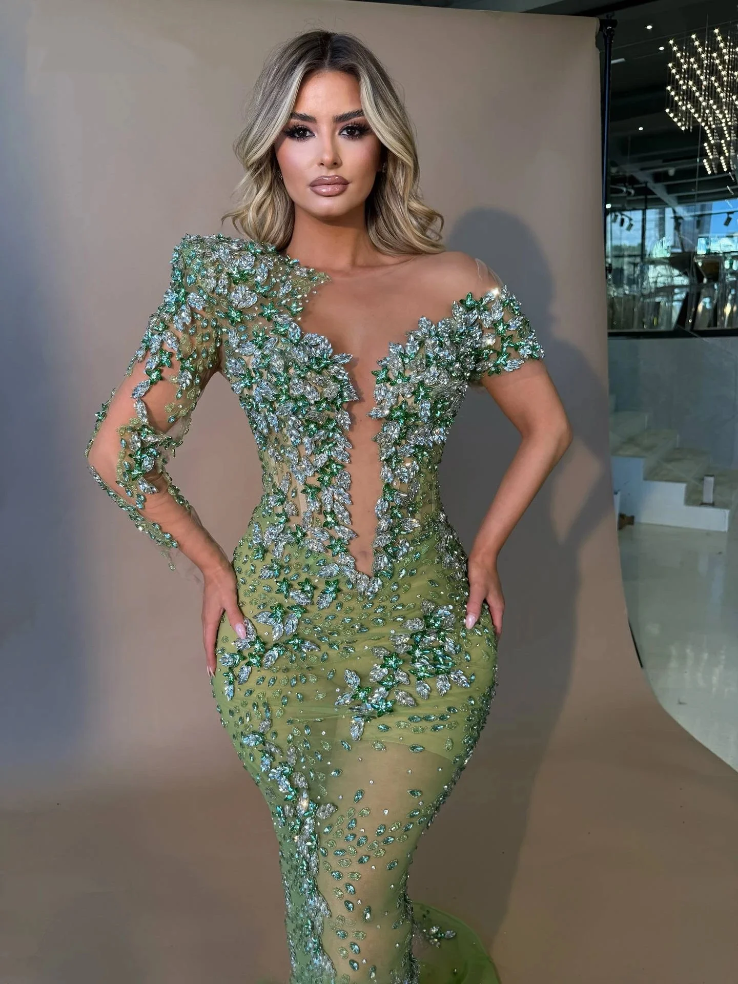 Shiny Evening Dresses Crystal Beading Prom Dress Detachable Cape See Through Long Sleeves Mermaid Party Gowns Vestidos De Noche