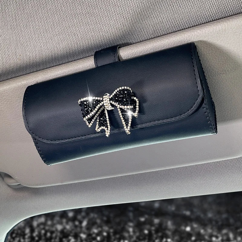 Diamond Bow Leather Car Glasses Holder Universal Sunglasses Case Sunshade Organizer Storage Box Auto Interior Accessories 250821