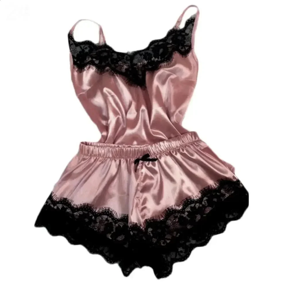 Lace Satin Pajama Set for Women Sleepwear V-Neck Stretch Sexy Lingerie Strap Vest Top Shorts Nightwear Pijamas 250823
