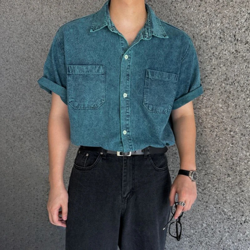 Denim Shirts Men Shirt Blouses Summer Top Casual Turn Down Collar Punk Biker Single Breasted Hip Pop Streetwear 250823
