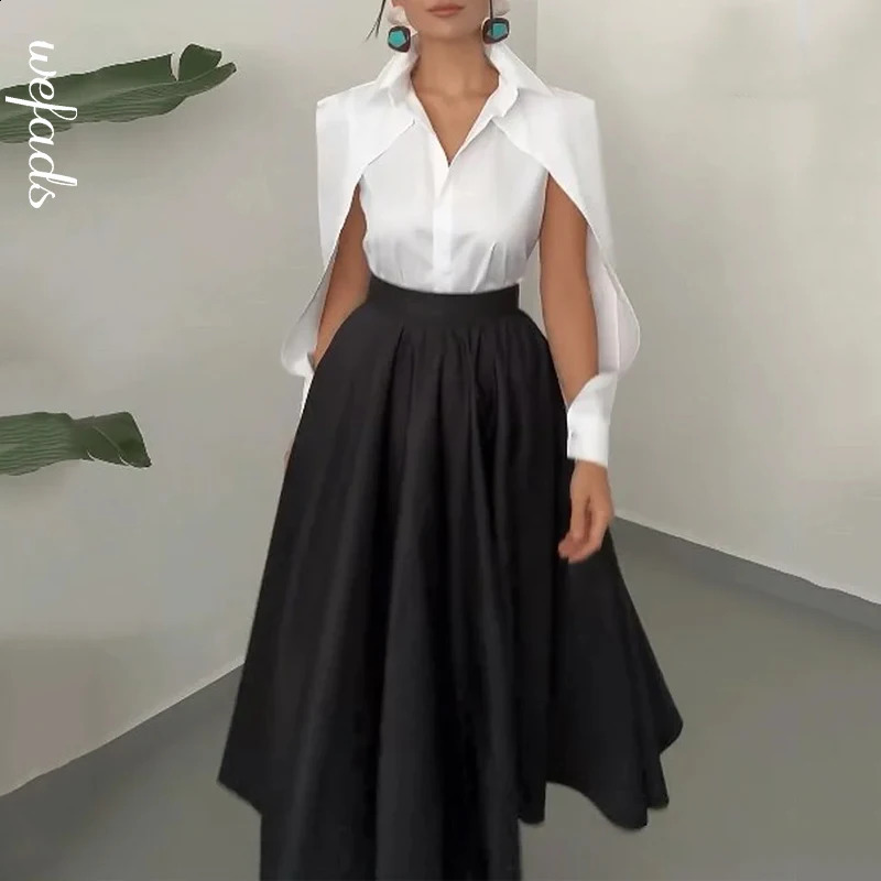 Wefads automne hiver deux pièces ensembles élégants manches longues solides à manches longues creux de la chemise laple haut de robes noires lâch