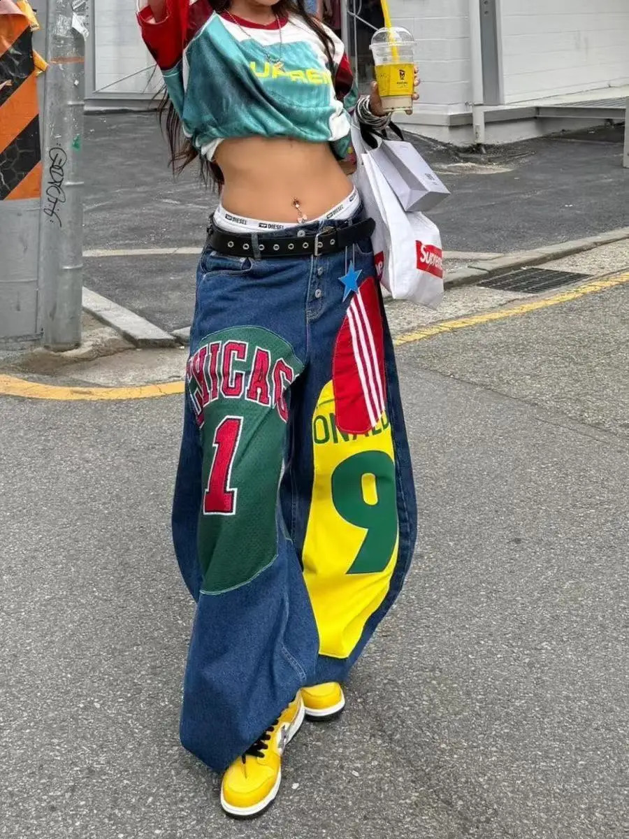 Retro Contrast Patch Printed Jeans Women American High Street Spice Straight Pants Korean Street Dance Wide Leg Pants 250818