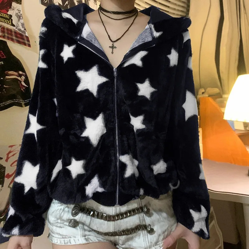 Harajuku Millennium Retro Star Print Contrast Plush Hoodies for Women Hip Hop High Quality Autumn and Winter Zipper Sweatshirts 250819