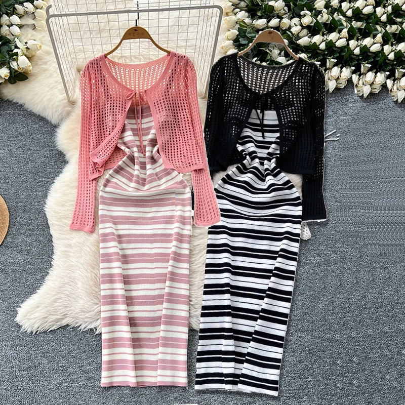Summer Women Long Sleeve Hollow Out Cardigan Tops Hit Color Striped Knitted Slim Strap Dress Two Piece Set 250823