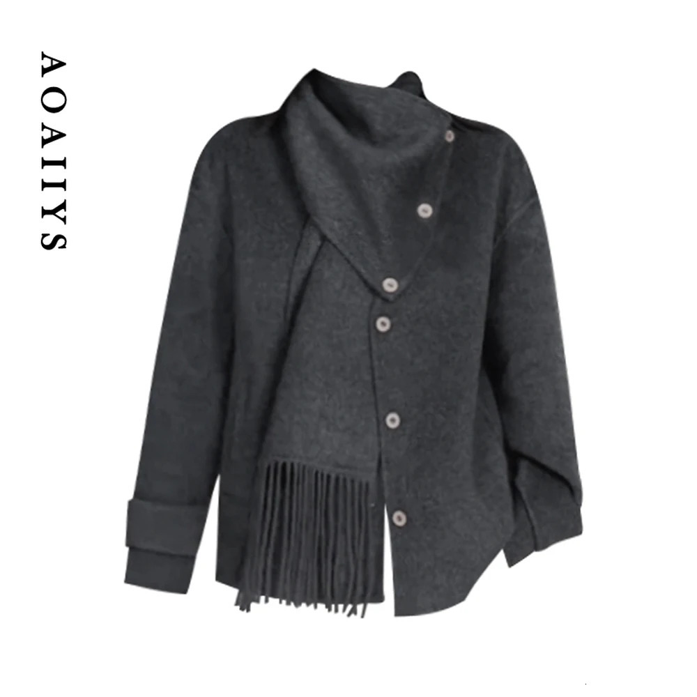 Aoaiiys Jackets Women V-Neck Coat Button Tweed Tassel Loose Jacket Female Long Sleeve Fashion Female Autumn Winter Outerwear 250815
