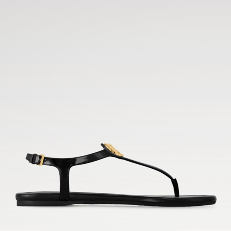 New Women's Sunkiss Flat Sandal 1AHKU7 Black Patent calf leather rectangular buckle Signature hardware lightweight rubber outsole stylish versa
