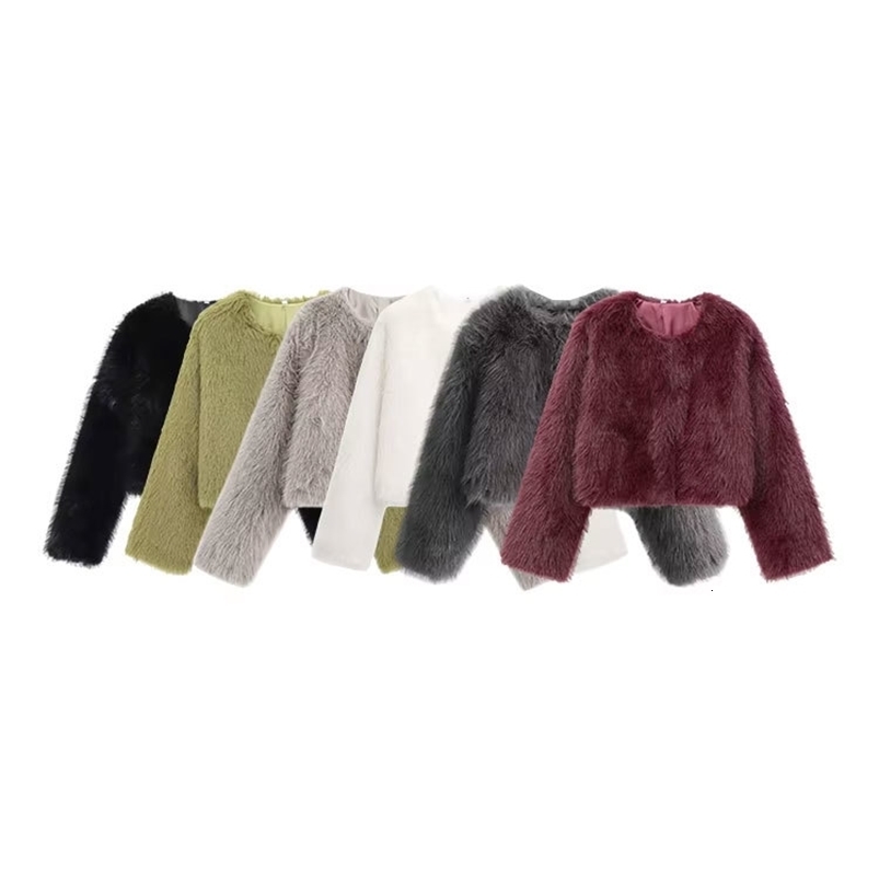 TRZA-Womens Thick Warm Faux Fur Cropped Jacket O Neck Long Sleeve Female Outerwear Chic Tops Fashion250822